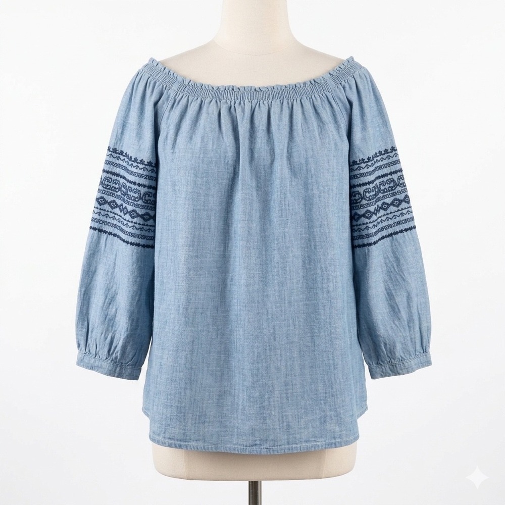 Gap Blouse Women S Blue Chambray Off the Shoulder Embroidered Boho Peasant Top